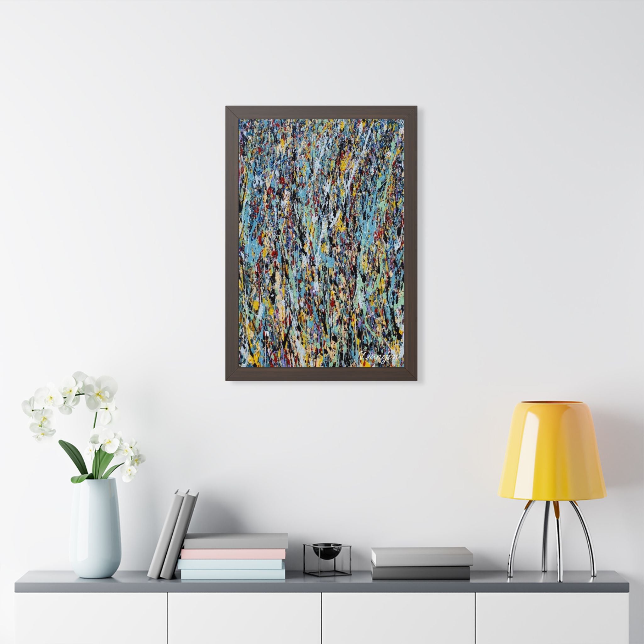 Abstract Expressionist Framed Poster — Colorful Drip Paint Vertical Print