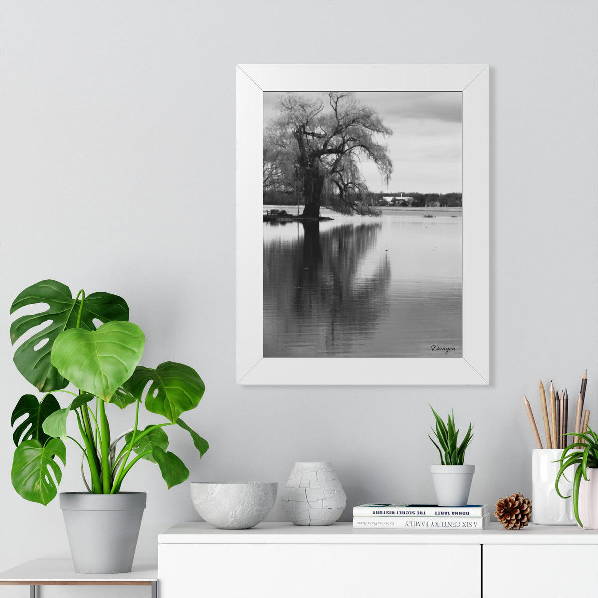 Framed Vertical Poster — Black & White Lakeside Tree Photography Wall Art