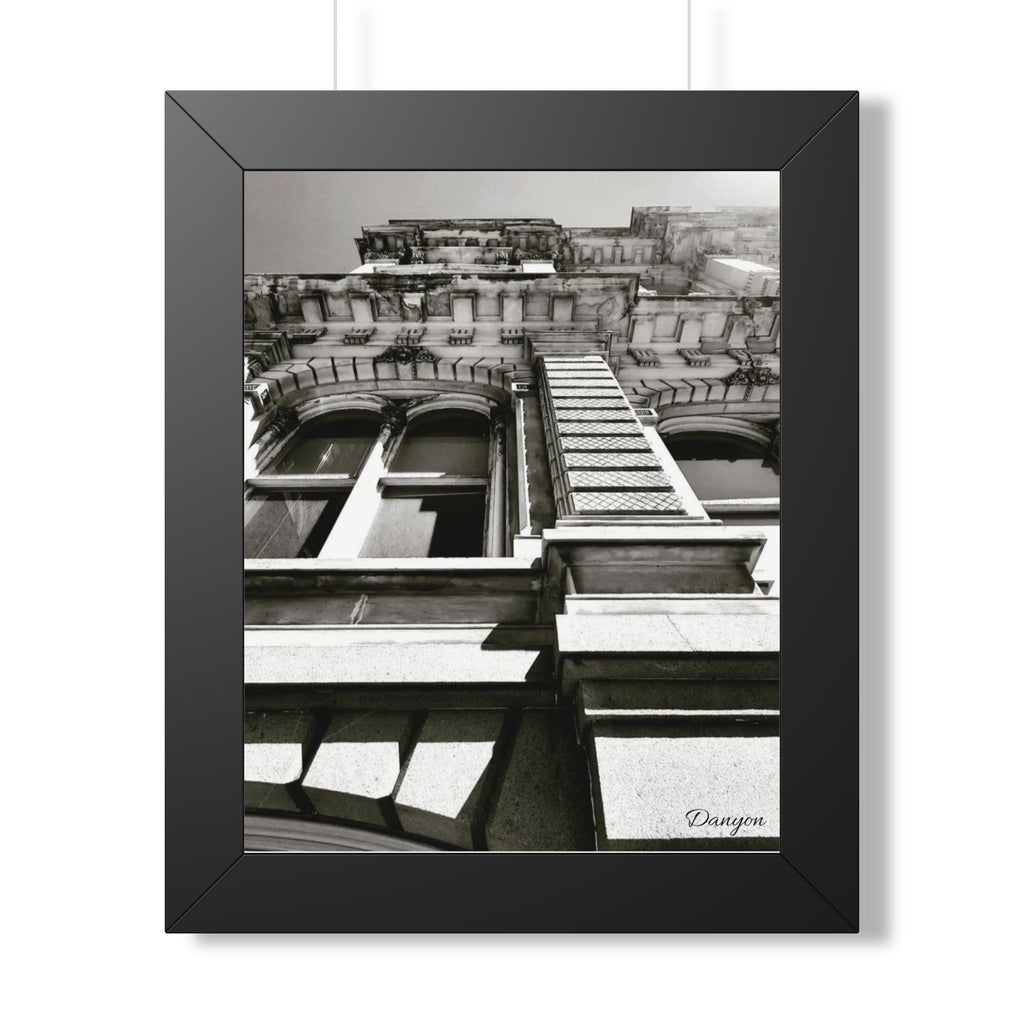 Framed Vertical Poster — Vintage Architectural Black & White Building Photography