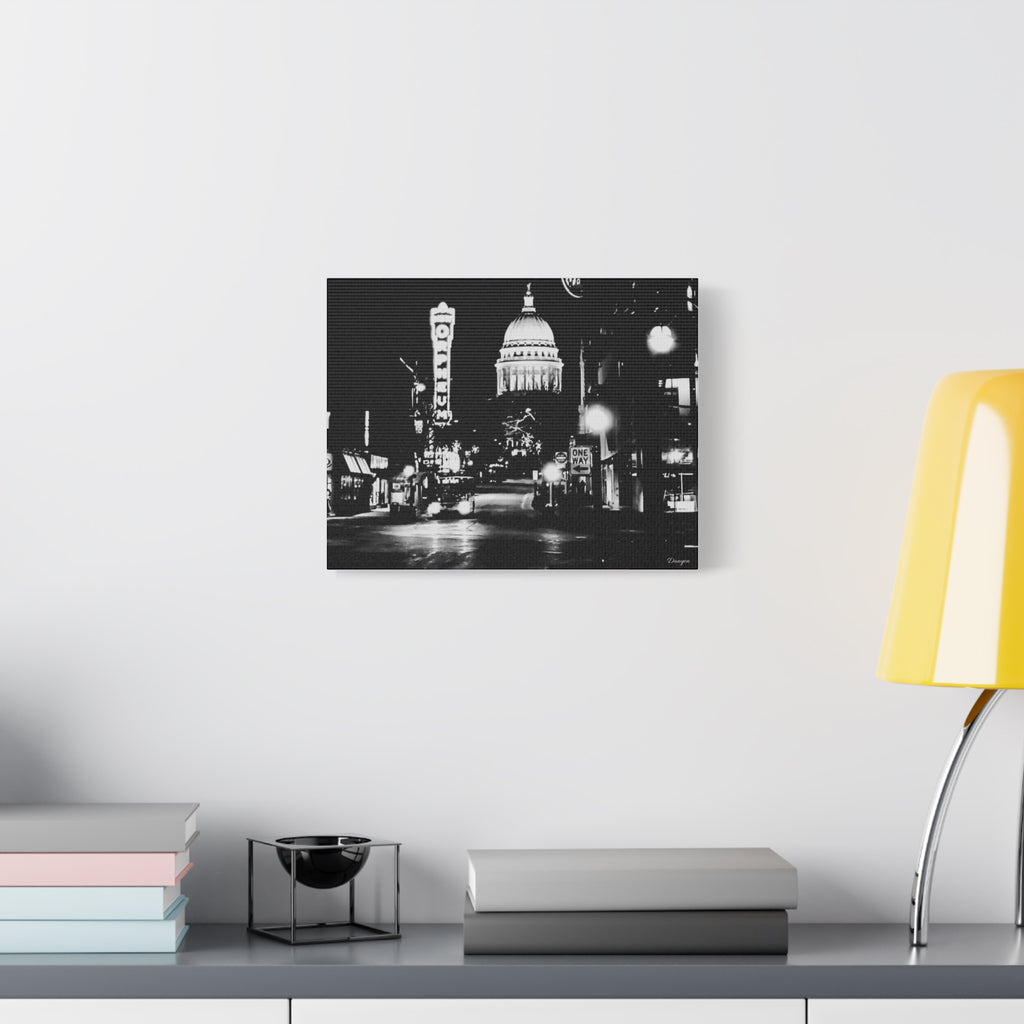 Black & White Cityscape Matte Canvas Print — Nighttime Street Scene- Madison, WI