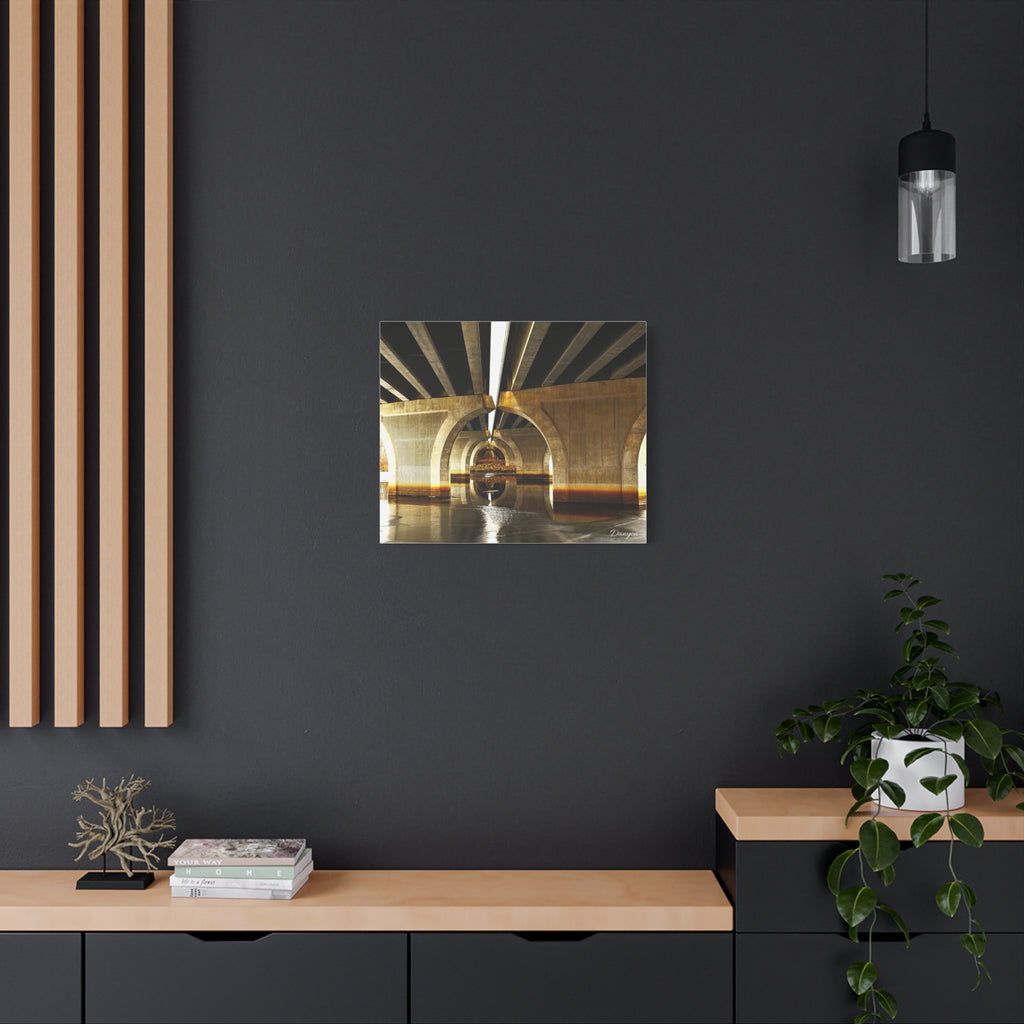 Concrete Bridge Underpass Canvas Print — Golden Urban Architecture Wall Art