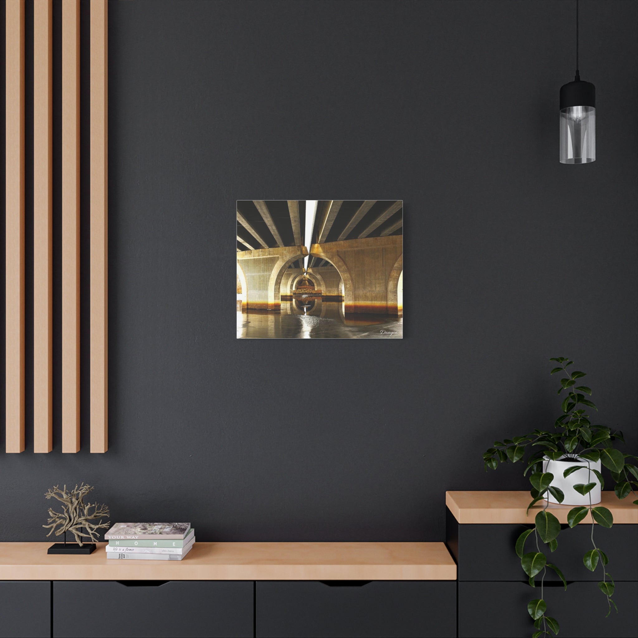 Concrete Bridge Underpass Canvas Print — Golden Urban Architecture Wall Art