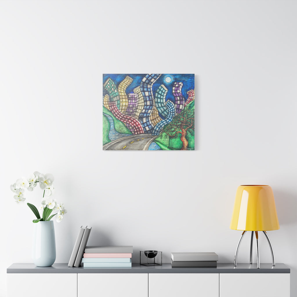 Surreal Cityscape Canvas Print — Wavy Skyline Road Art on Matte Stretched Canvas