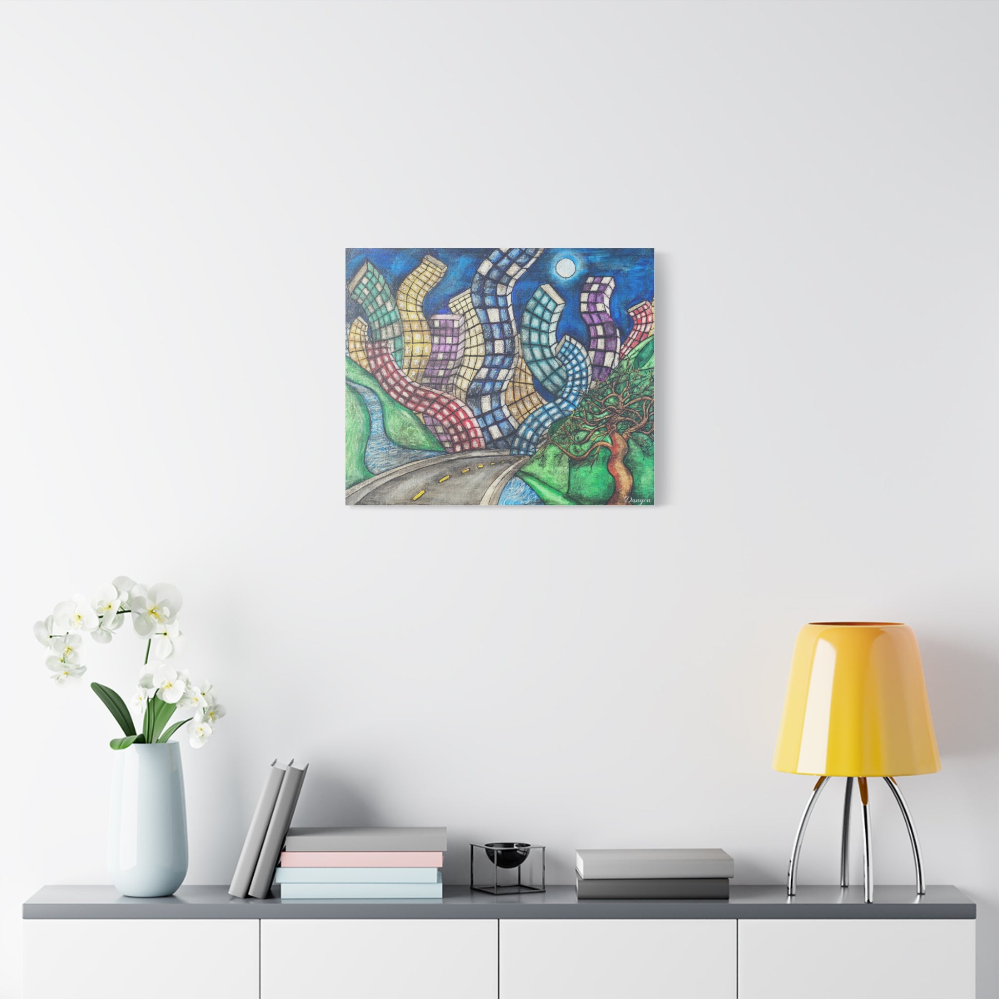 Surreal Cityscape Canvas Print — Wavy Skyline Road Art on Matte Stretched Canvas