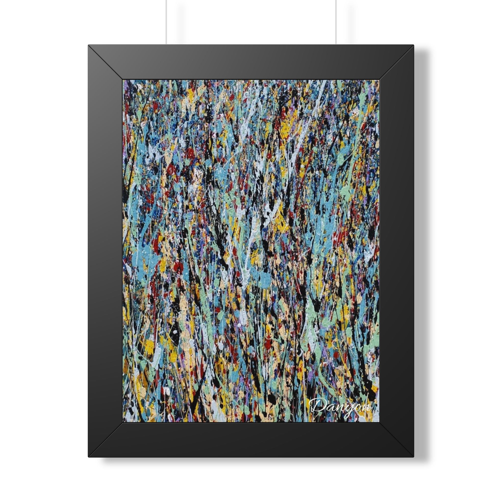 Abstract Expressionist Framed Poster — Colorful Drip Paint Vertical Print