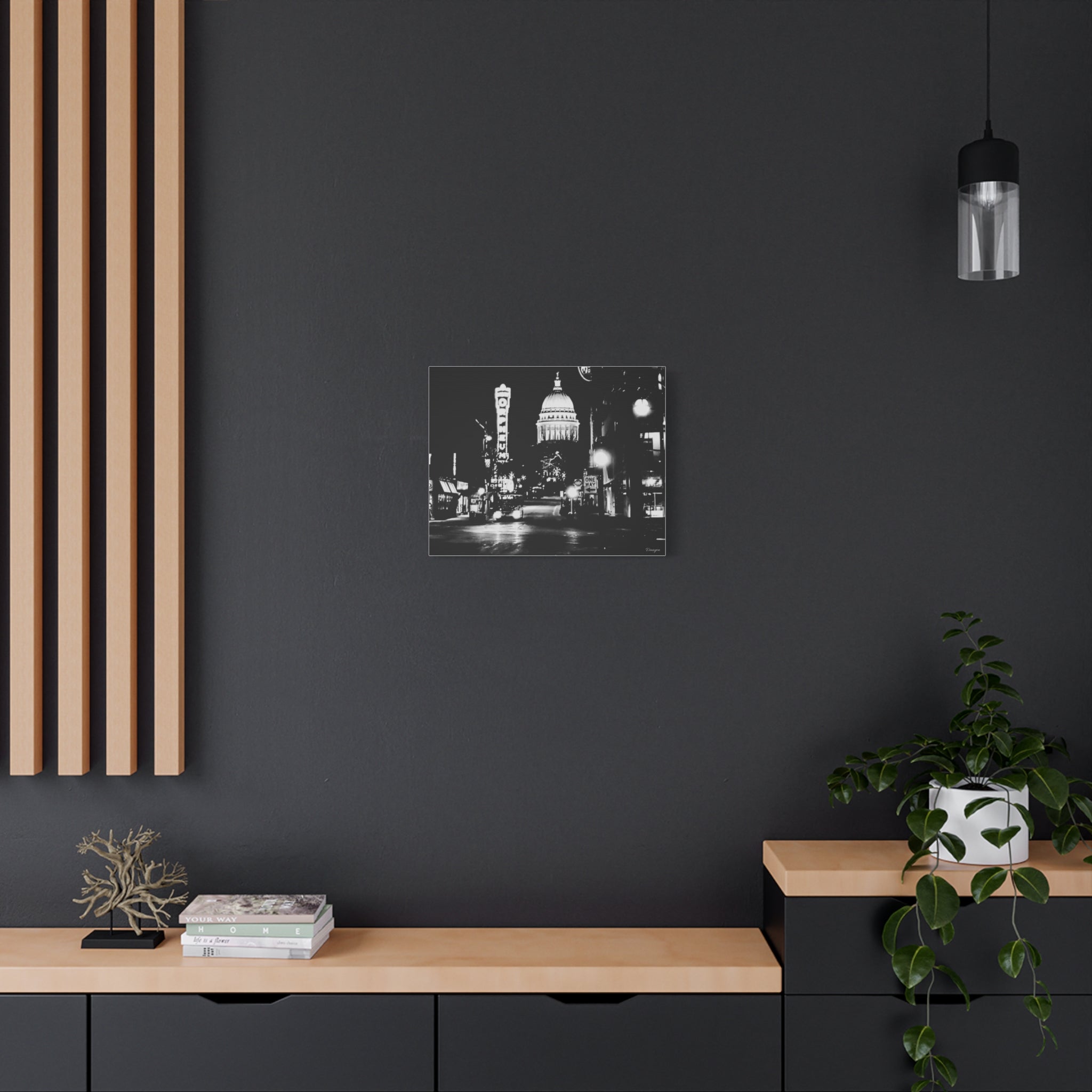 Black & White Cityscape Matte Canvas Print — Nighttime Street Scene- Madison, WI