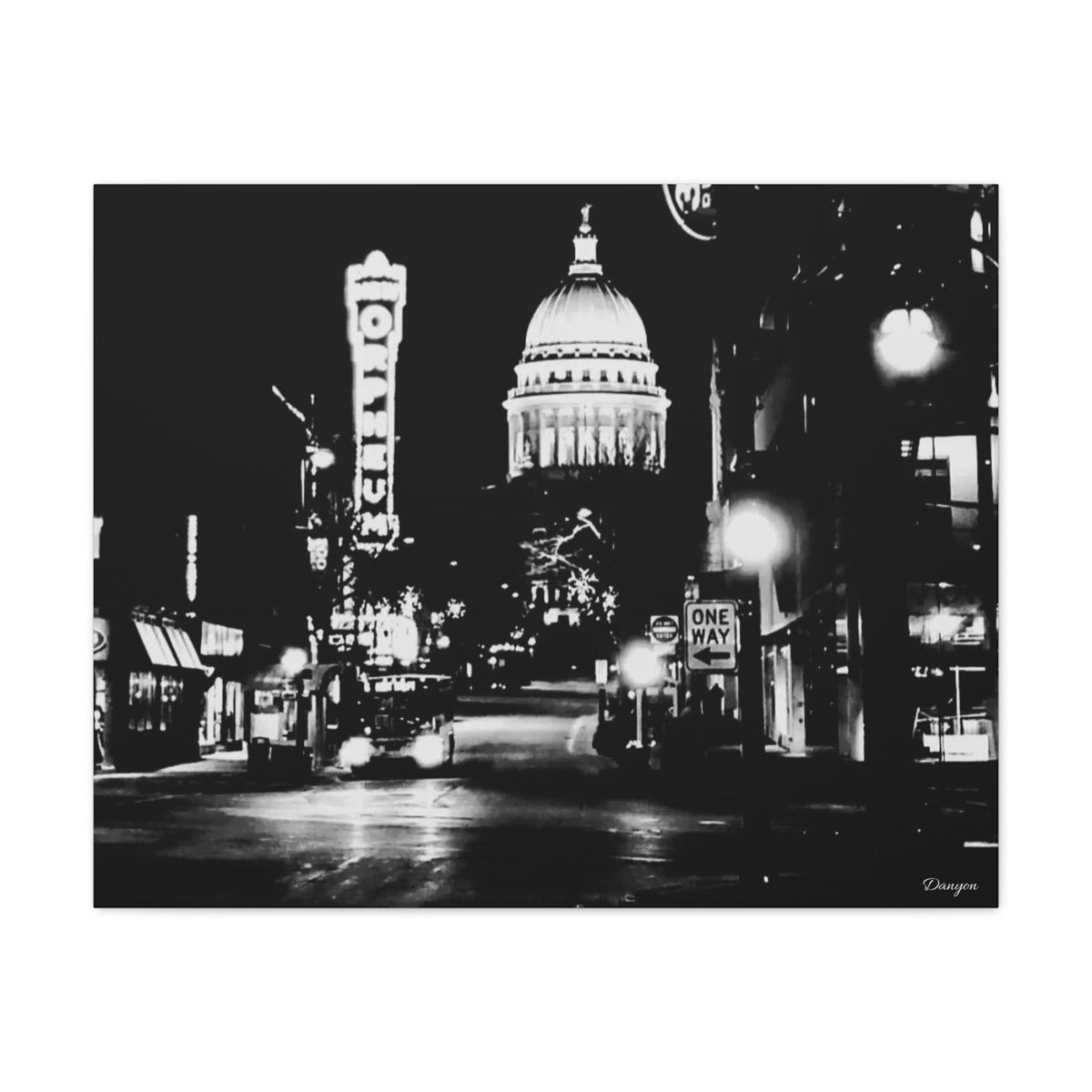 Black & White Cityscape Matte Canvas Print — Nighttime Street Scene- Madison, WI