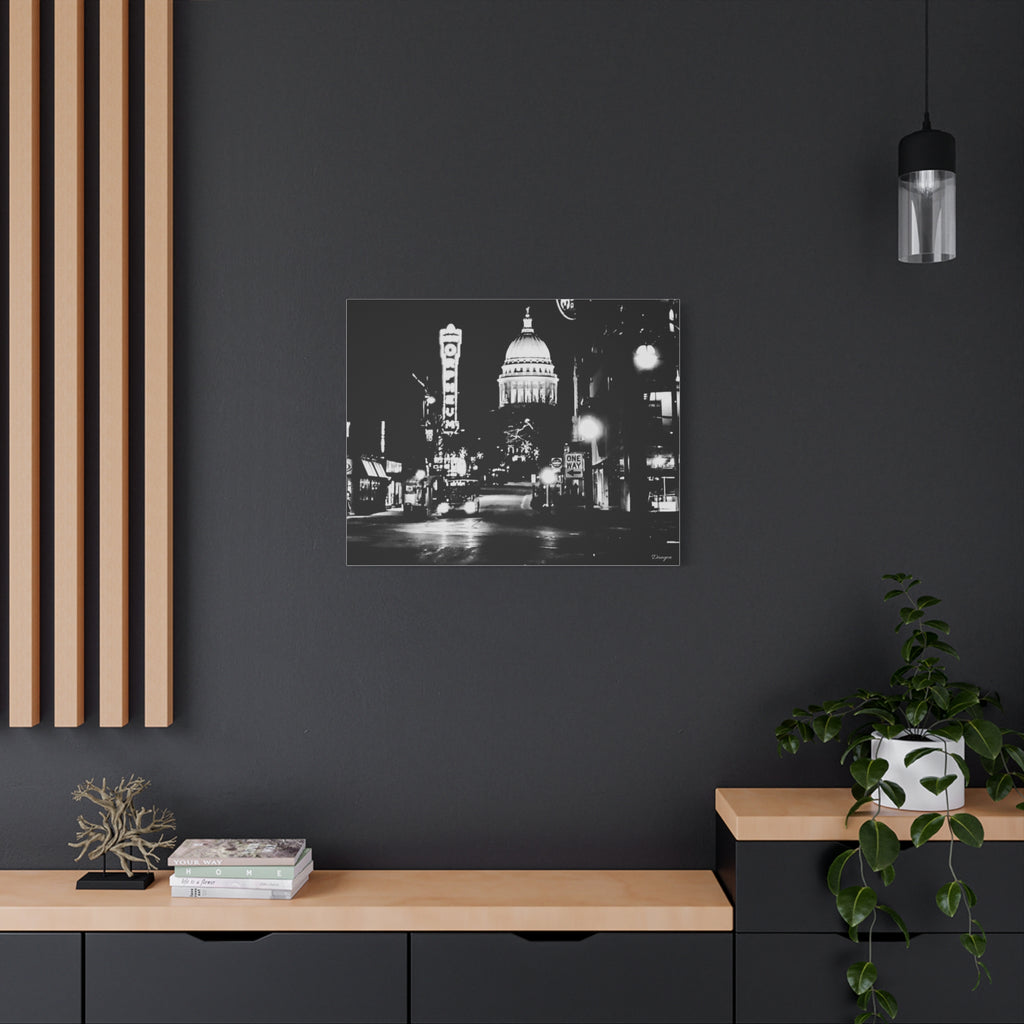 Black & White Cityscape Matte Canvas Print — Nighttime Street Scene- Madison, WI