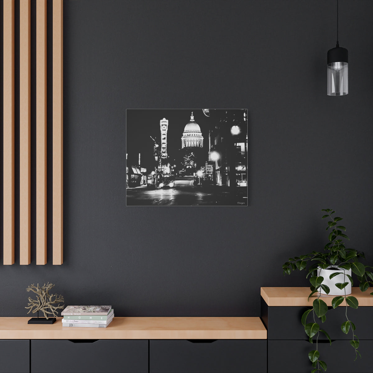 Black & White Cityscape Matte Canvas Print — Nighttime Street Scene- Madison, WI