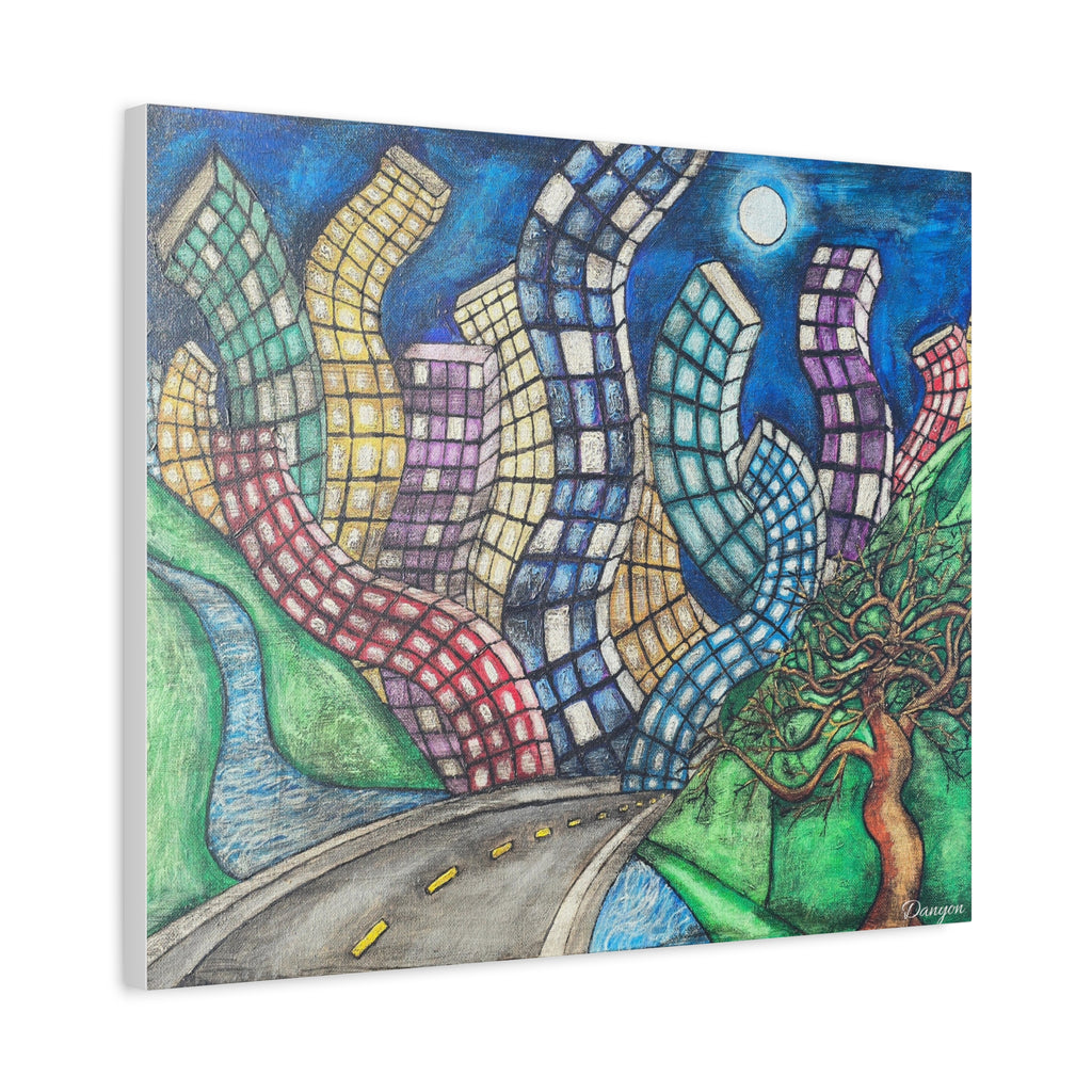 Surreal Cityscape Canvas Print — Wavy Skyline Road Art on Matte Stretched Canvas