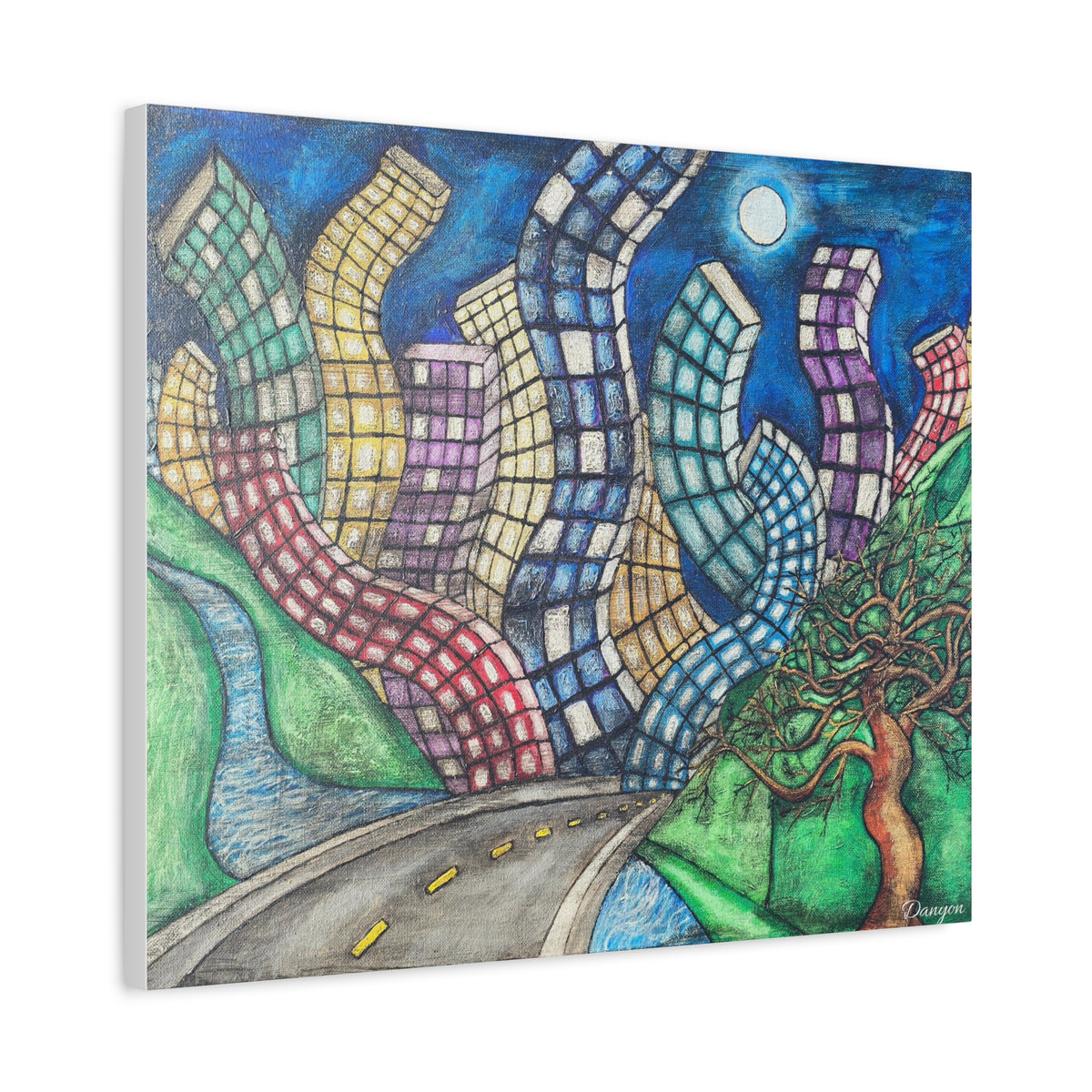Surreal Cityscape Canvas Print — Wavy Skyline Road Art on Matte Stretched Canvas