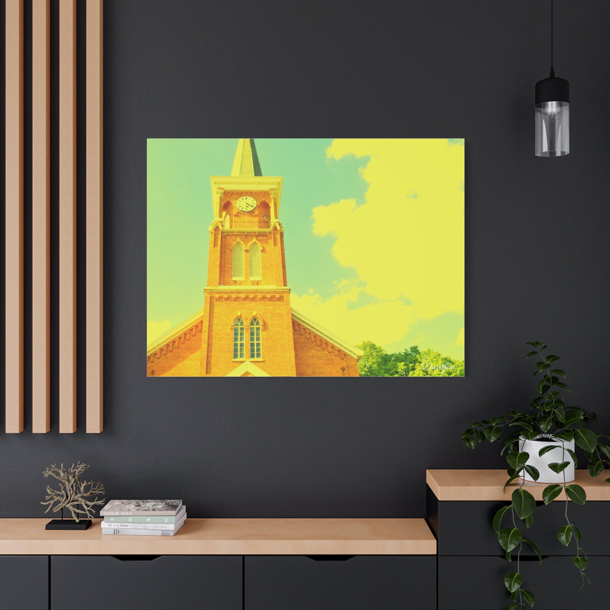 Vintage Church Tower Matte Canvas Wall Art — Sunny Retro Architecture Print