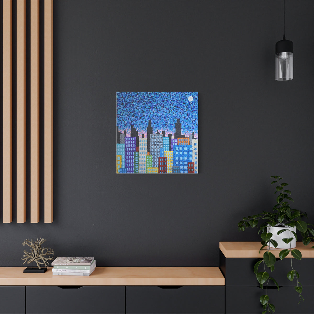Cityscape Canvas Art – Colorful Night Skyline Matte Stretched Canvas