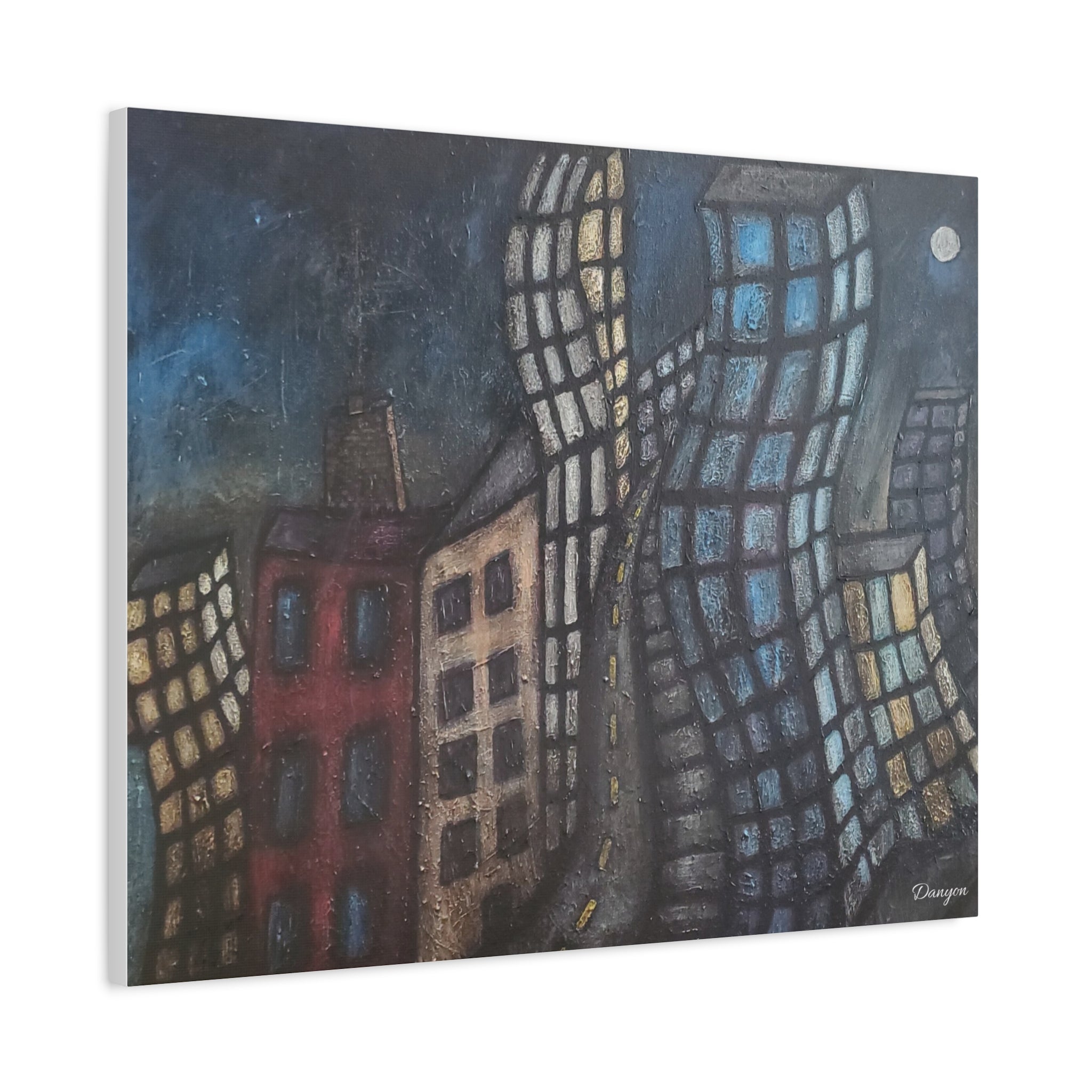 Surreal Cityscape Matte Canvas Print — Twisting Nighttime Buildings Wall Art