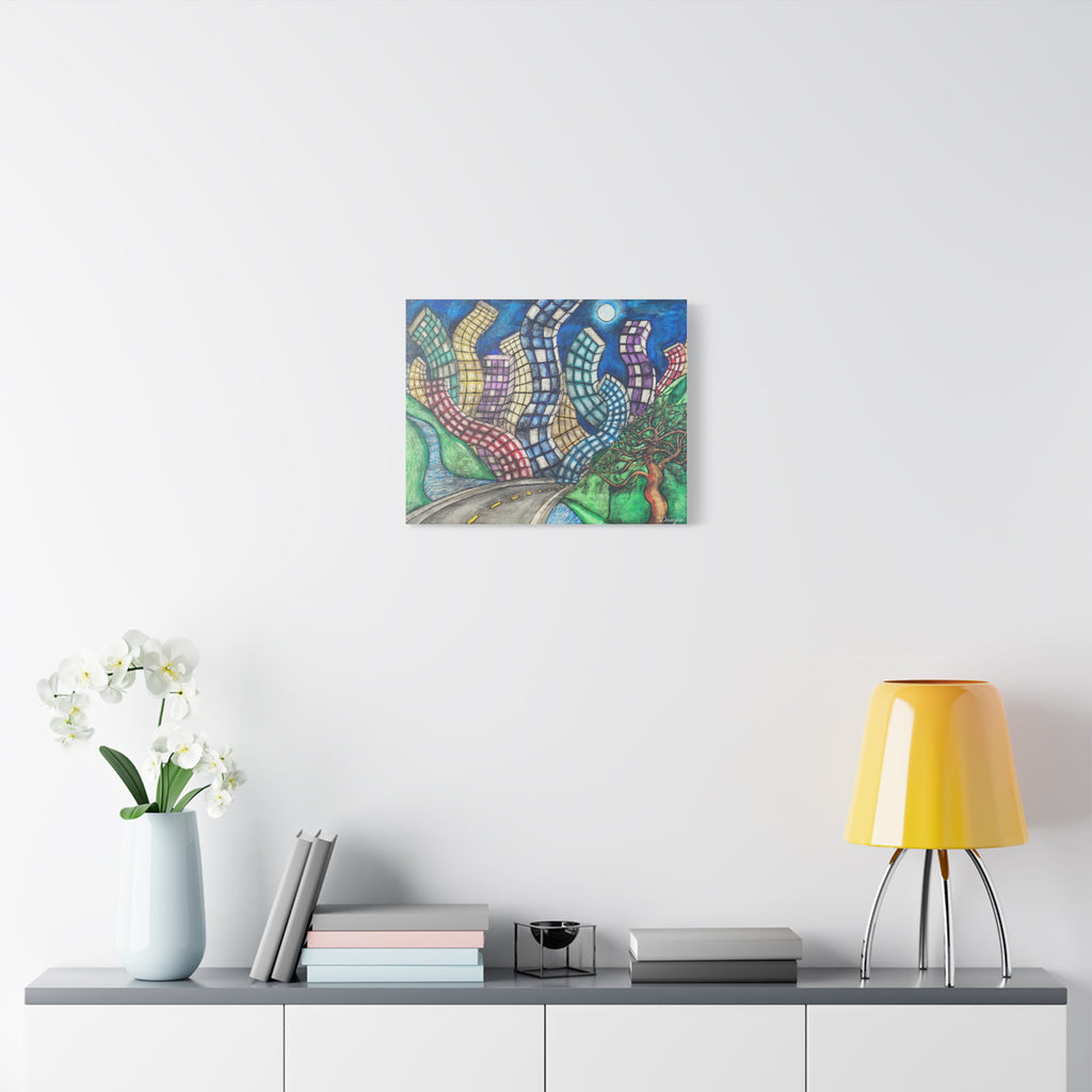 Surreal Cityscape Canvas Print — Wavy Skyline Road Art on Matte Stretched Canvas