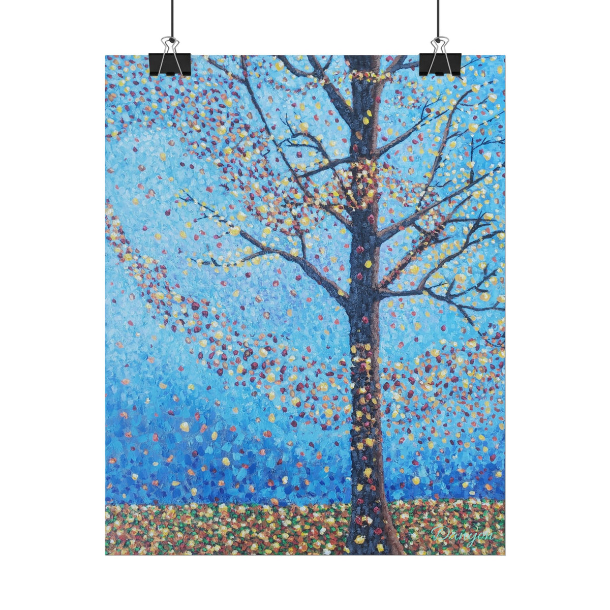 Blue Pointillist Tree Poster — Rolled Art Print