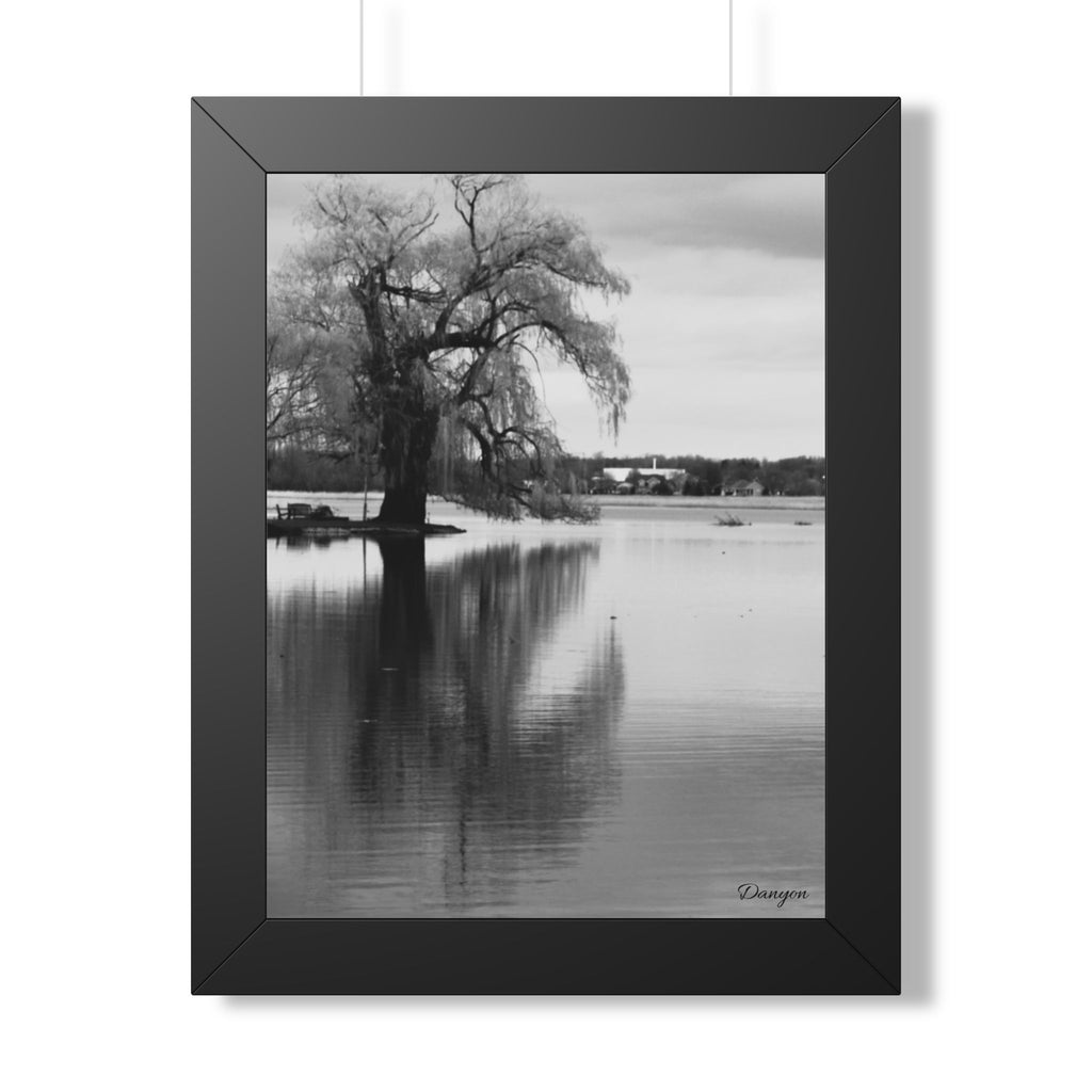 Framed Vertical Poster — Black & White Lakeside Tree Photography Wall Art