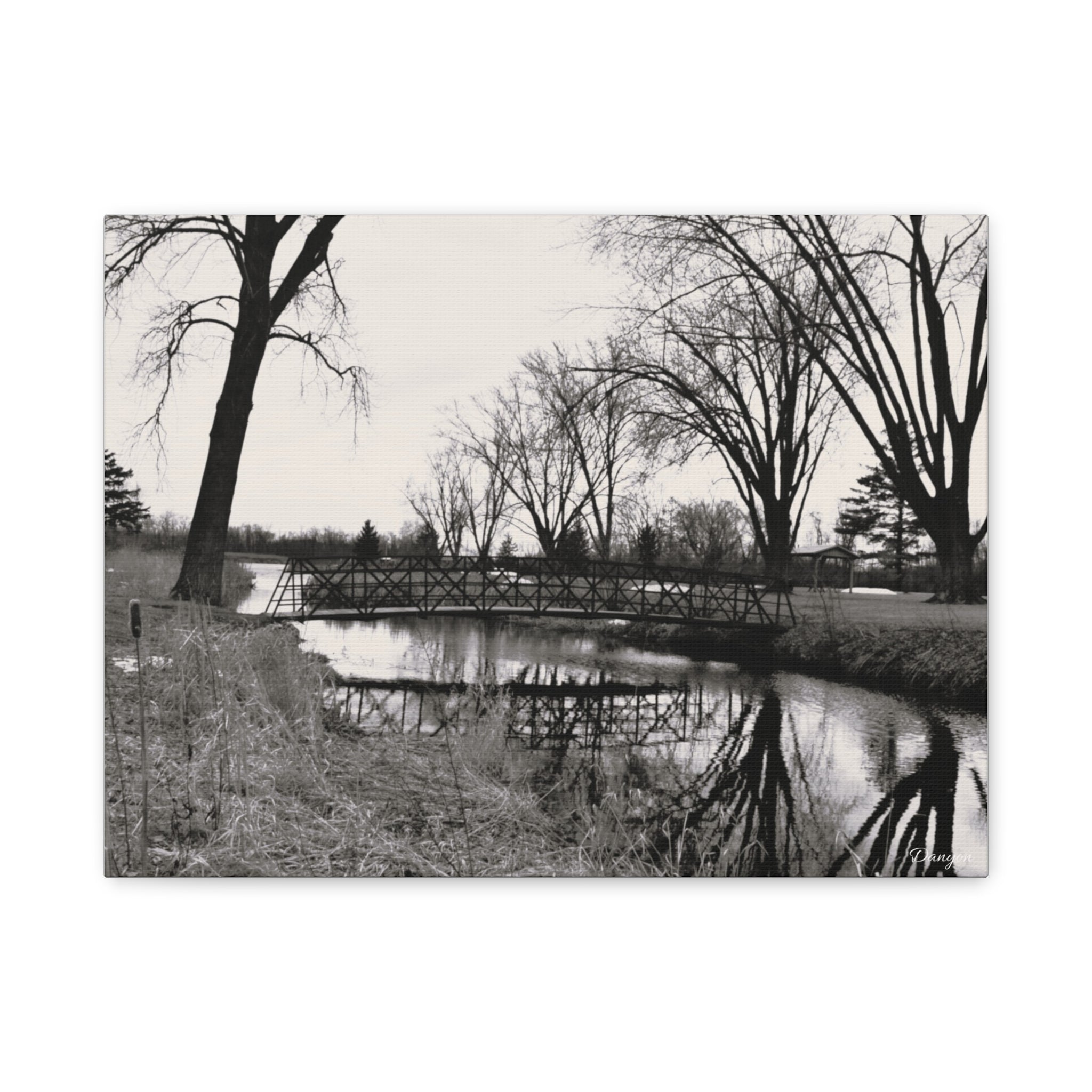Matte Stretched Canvas - Serene Black & White River Landscape Wall Art