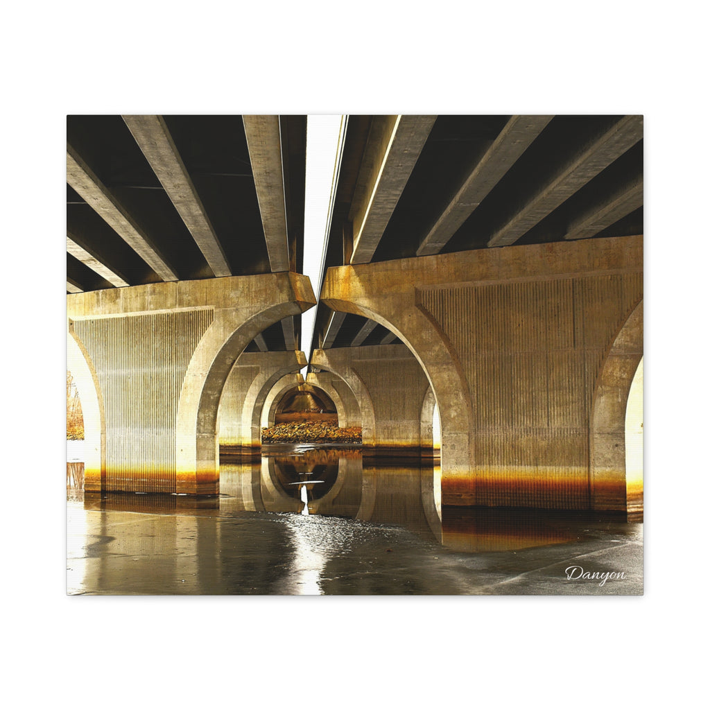 Concrete Bridge Underpass Canvas Print — Golden Urban Architecture Wall Art