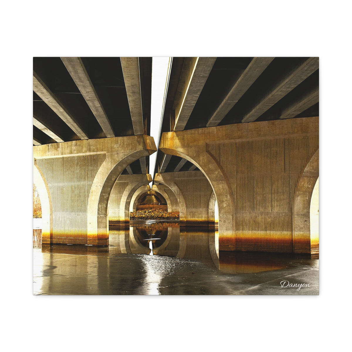 Concrete Bridge Underpass Canvas Print — Golden Urban Architecture Wall Art