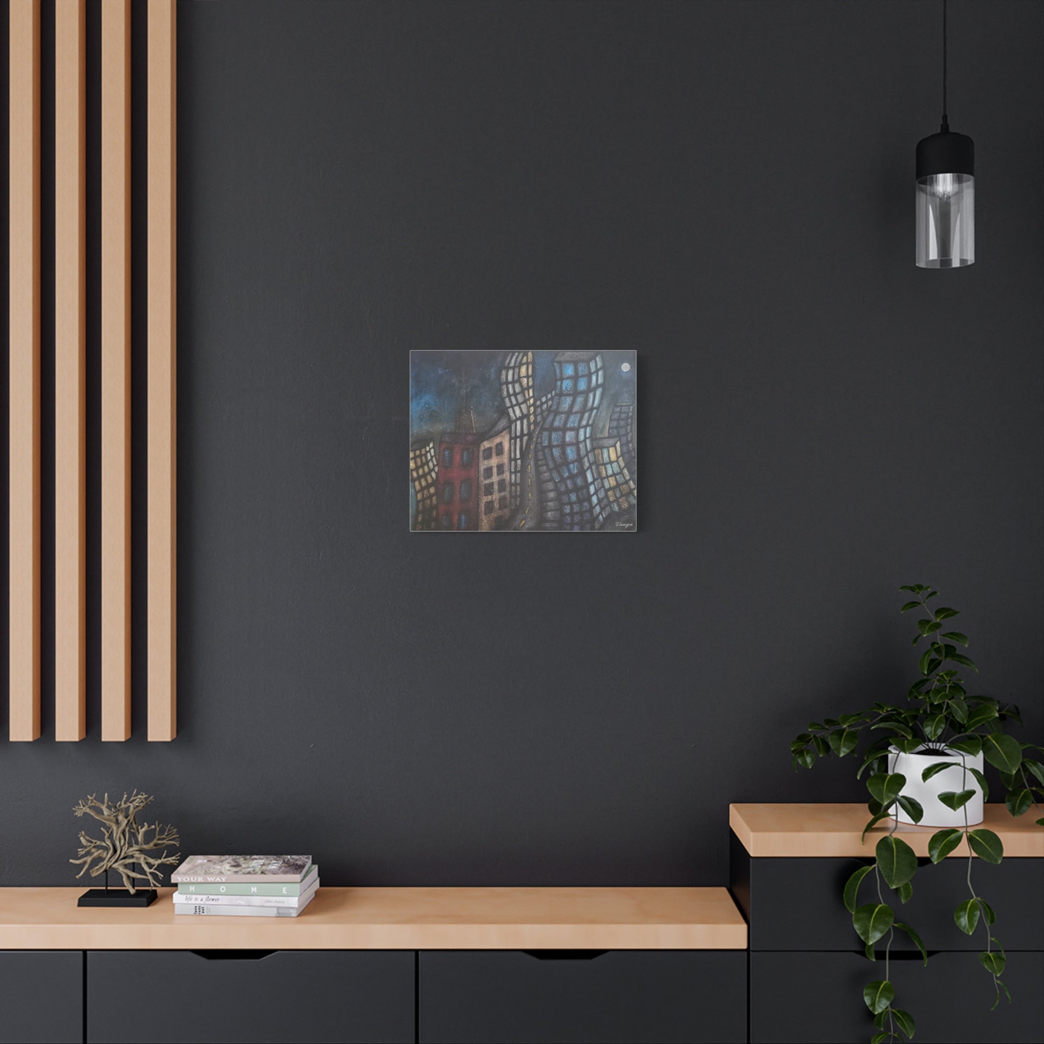 Surreal Cityscape Matte Canvas Print — Twisting Nighttime Buildings Wall Art