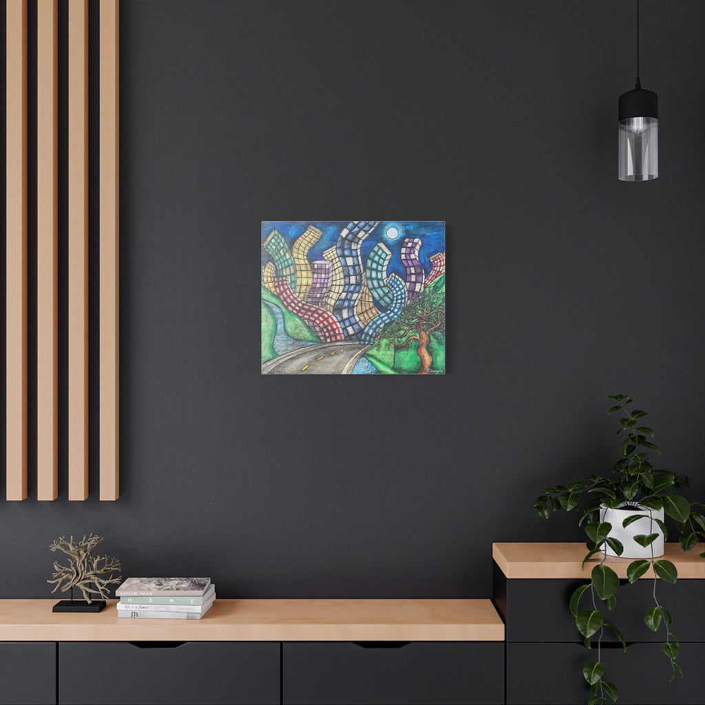 Surreal Cityscape Canvas Print — Wavy Skyline Road Art on Matte Stretched Canvas