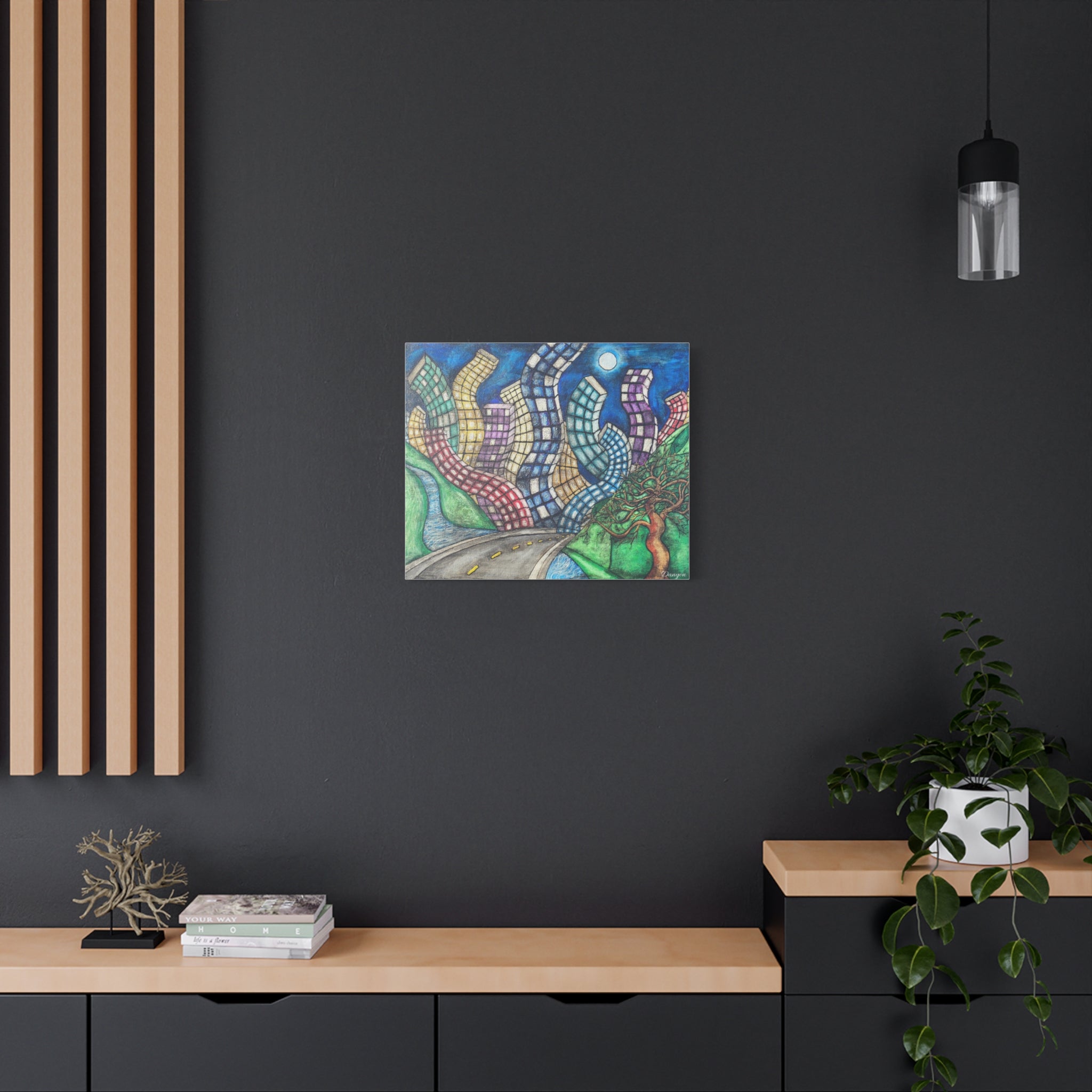 Surreal Cityscape Canvas Print — Wavy Skyline Road Art on Matte Stretched Canvas
