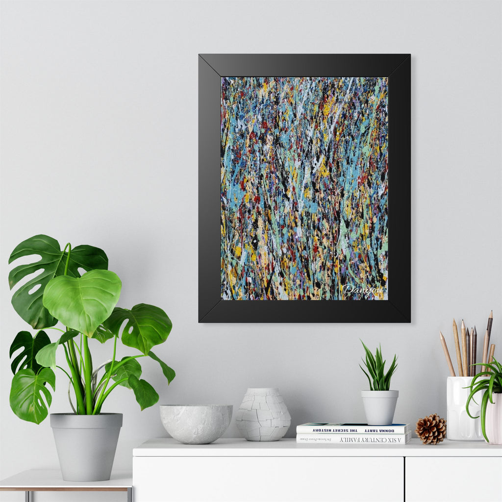 Abstract Expressionist Framed Poster — Colorful Drip Paint Vertical Print