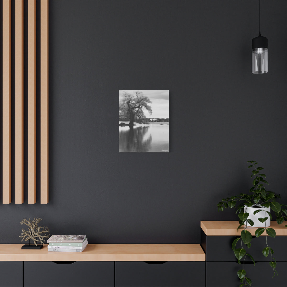 Black & White Lakeside Tree Canvas Print — Matte Stretched Wall Art