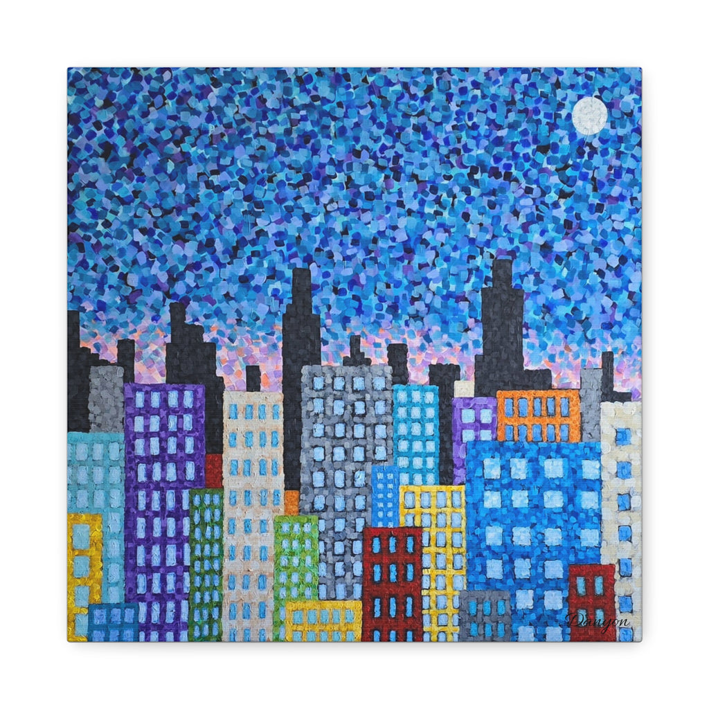Cityscape Canvas Art – Colorful Night Skyline Matte Stretched Canvas