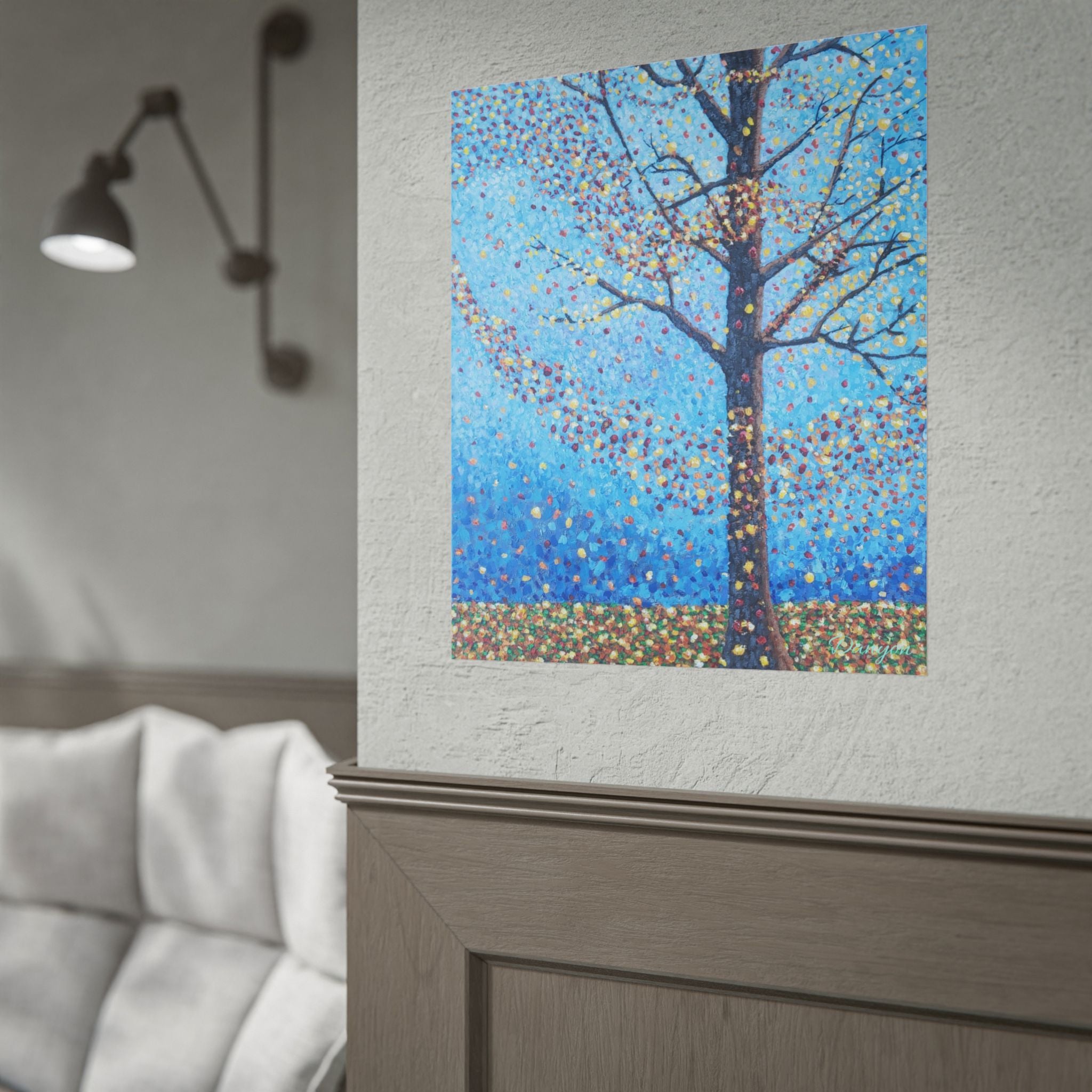 Blue Pointillist Tree Poster — Rolled Art Print