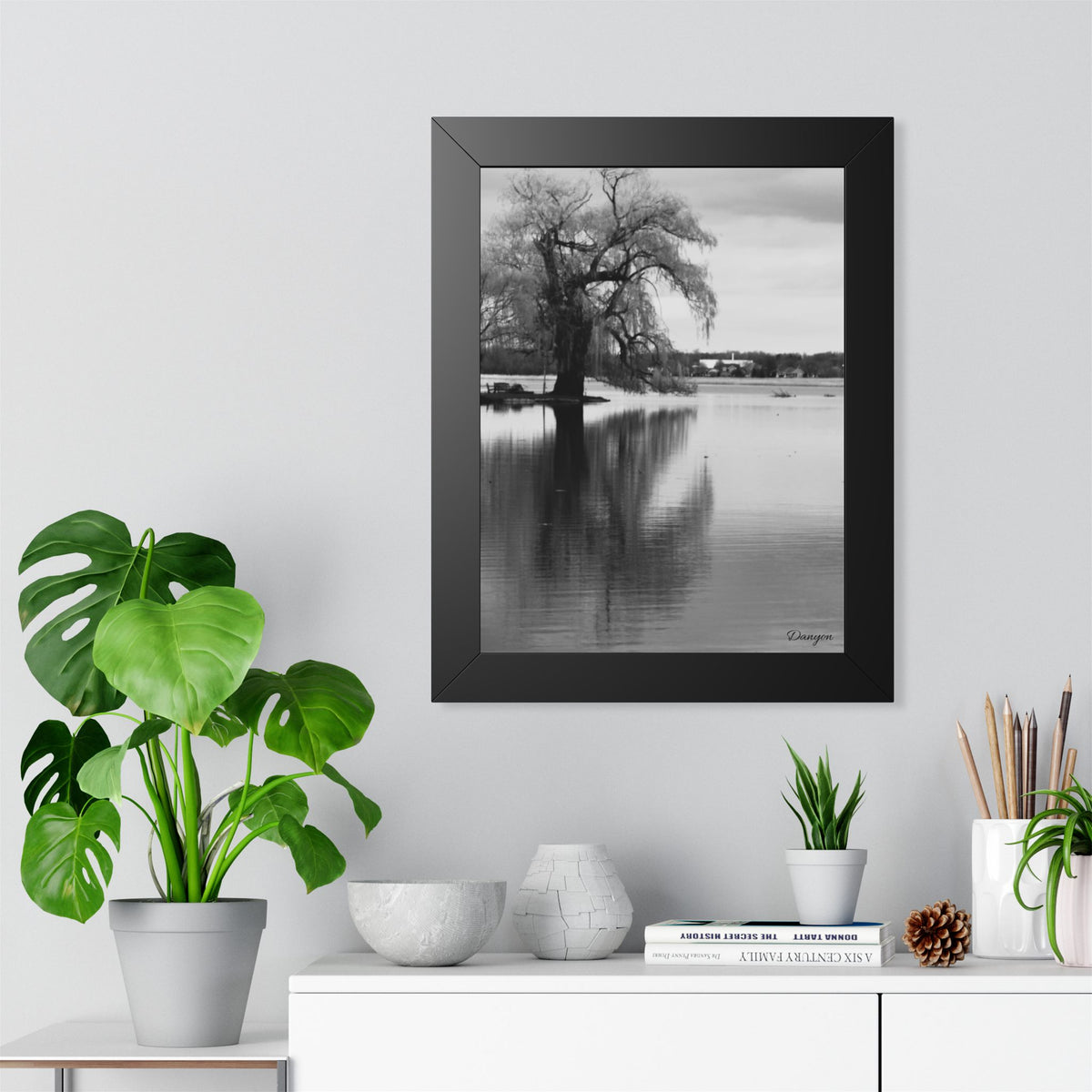 Framed Vertical Poster — Black & White Lakeside Tree Photography Wall Art