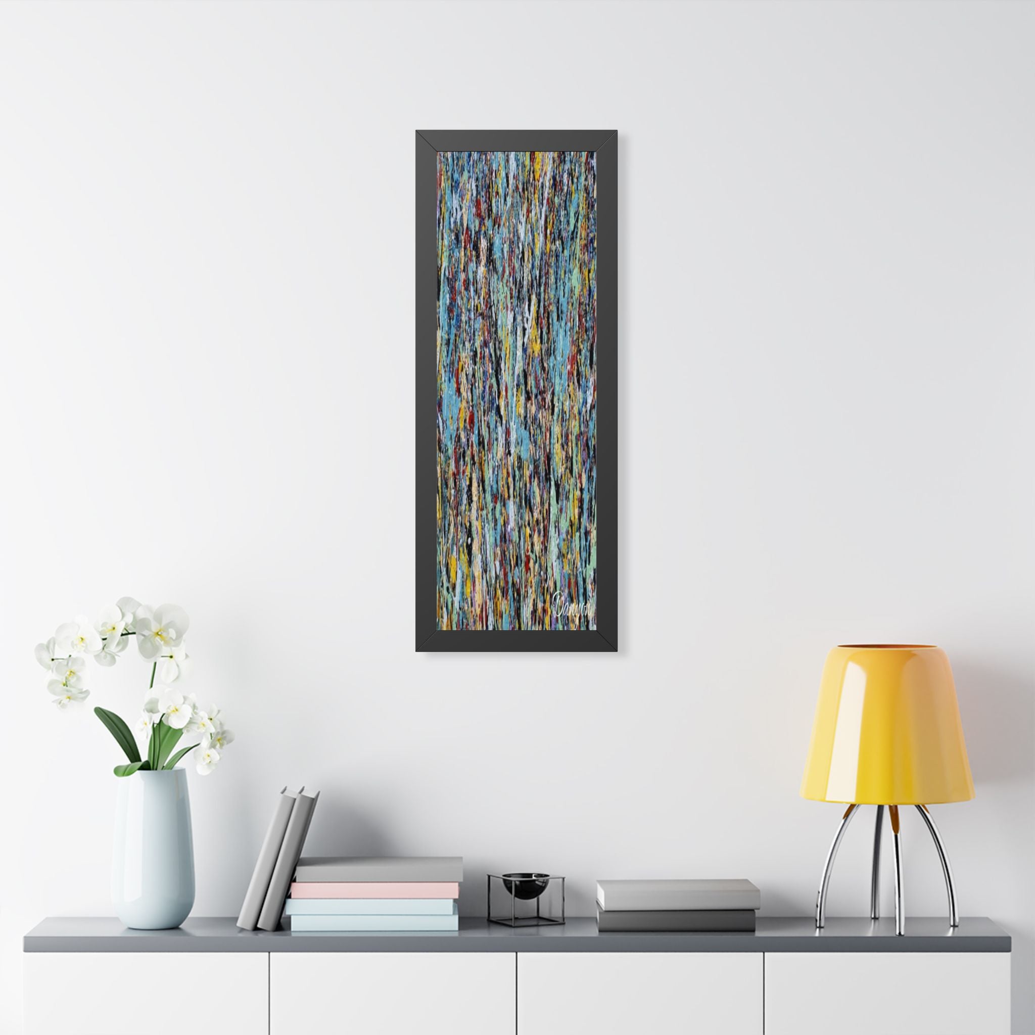 Abstract Expressionist Framed Poster — Colorful Drip Paint Vertical Print