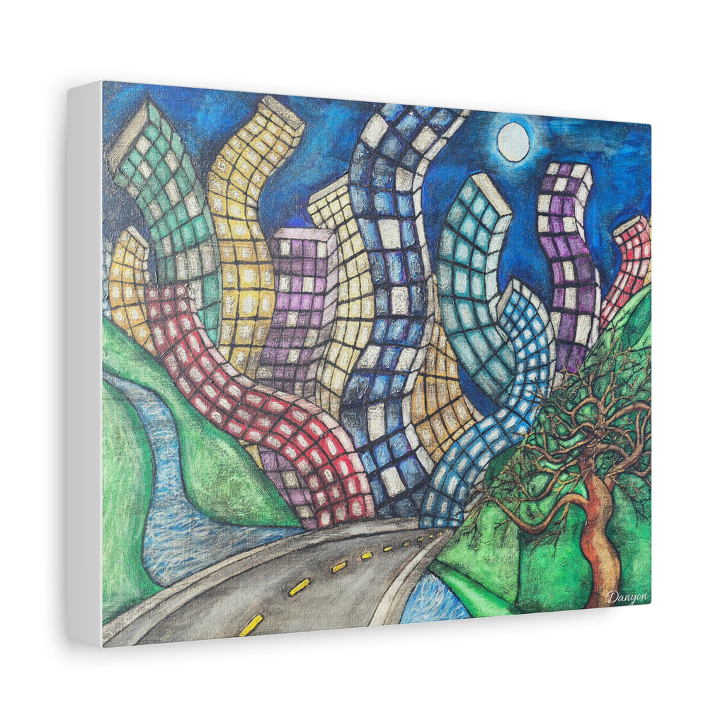 Surreal Cityscape Canvas Print — Wavy Skyline Road Art on Matte Stretched Canvas