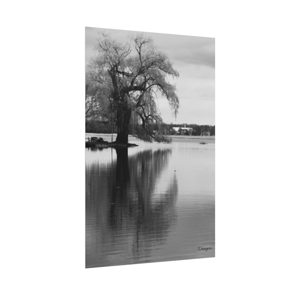 Black & White Lakeside Tree Poster — Minimalist Nature Wall Art