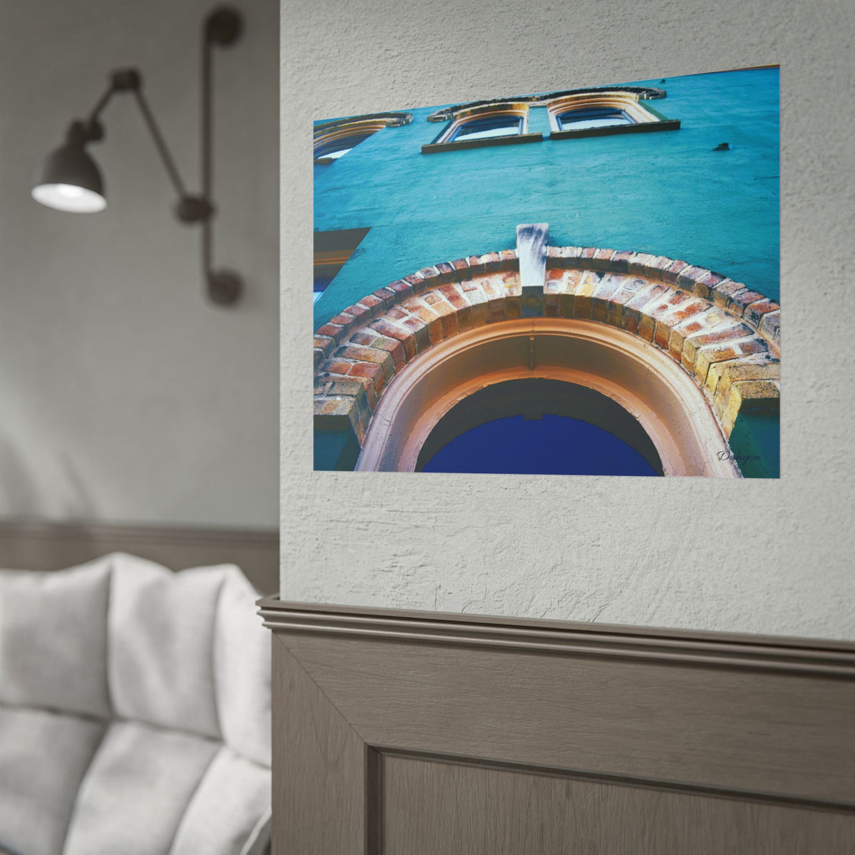 Architectural Photo Rolled Poster — Teal Facade with Arched Window