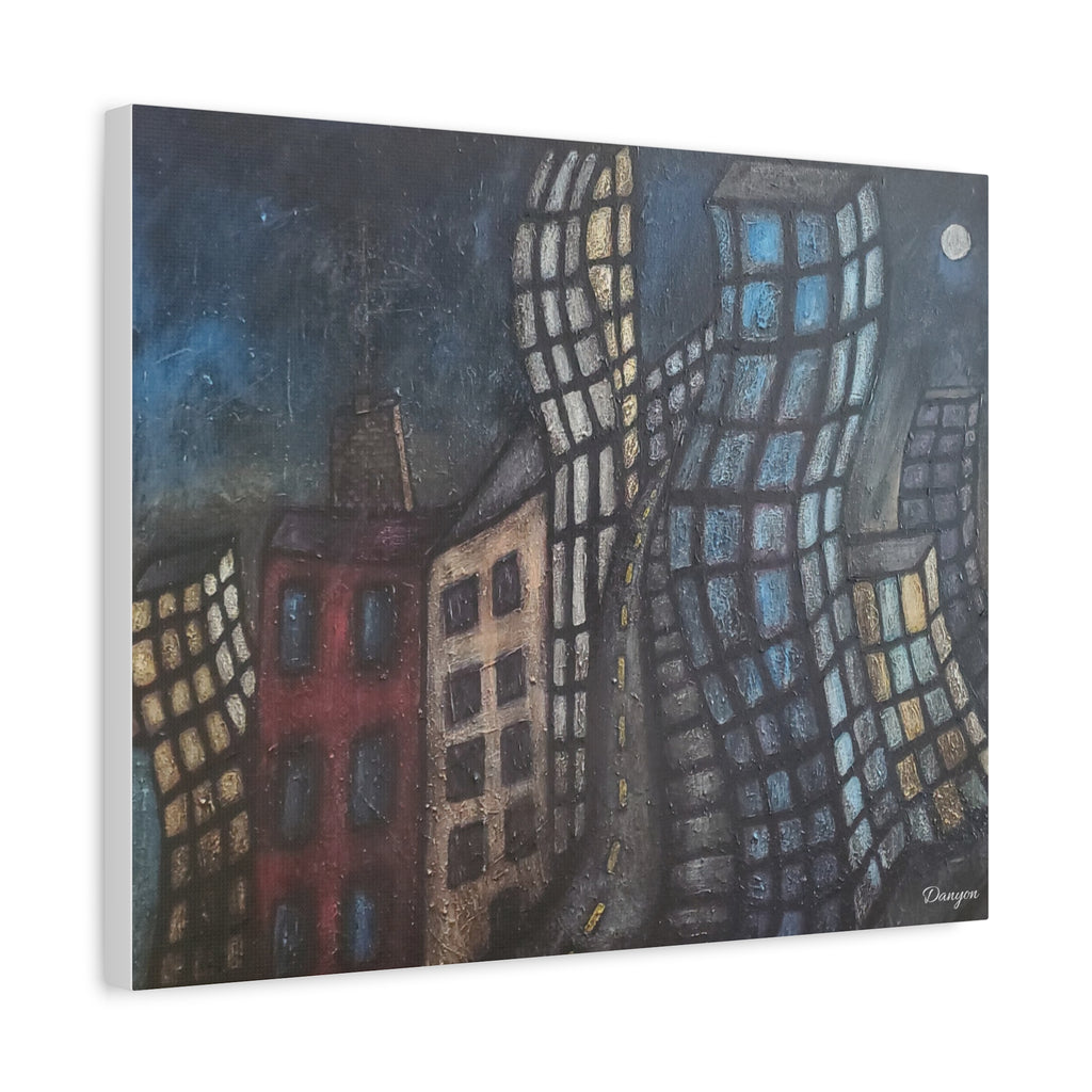Surreal Cityscape Matte Canvas Print — Twisting Nighttime Buildings Wall Art