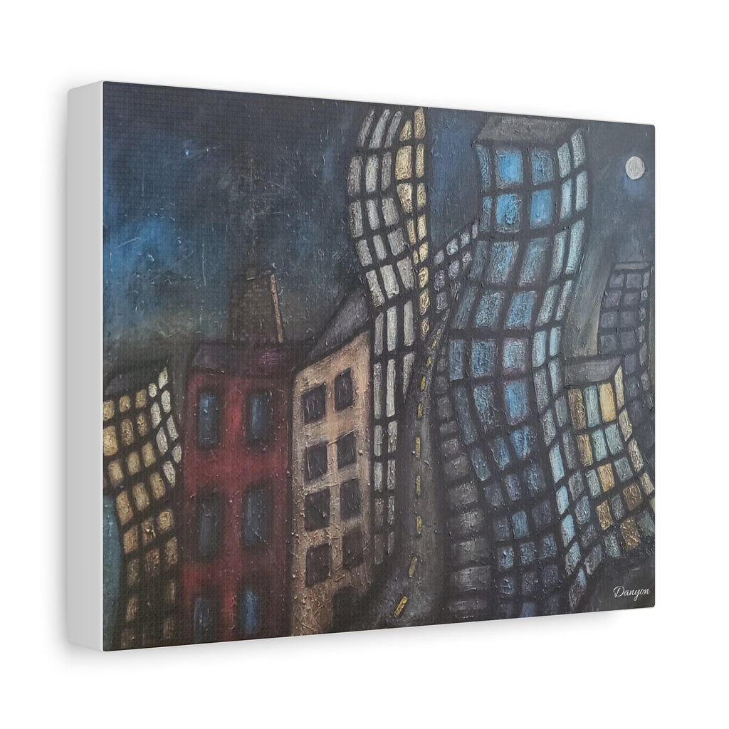 Surreal Cityscape Matte Canvas Print — Twisting Nighttime Buildings Wall Art