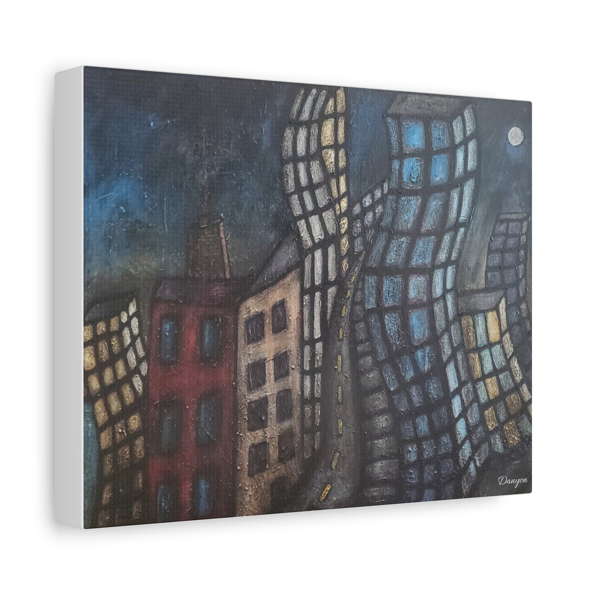 Surreal Cityscape Matte Canvas Print — Twisting Nighttime Buildings Wall Art