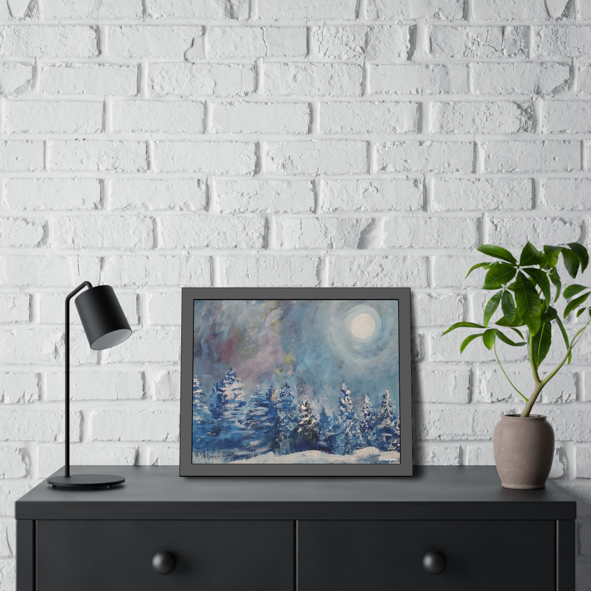 Framed Poster — Blue Winter Moon Forest Art Print