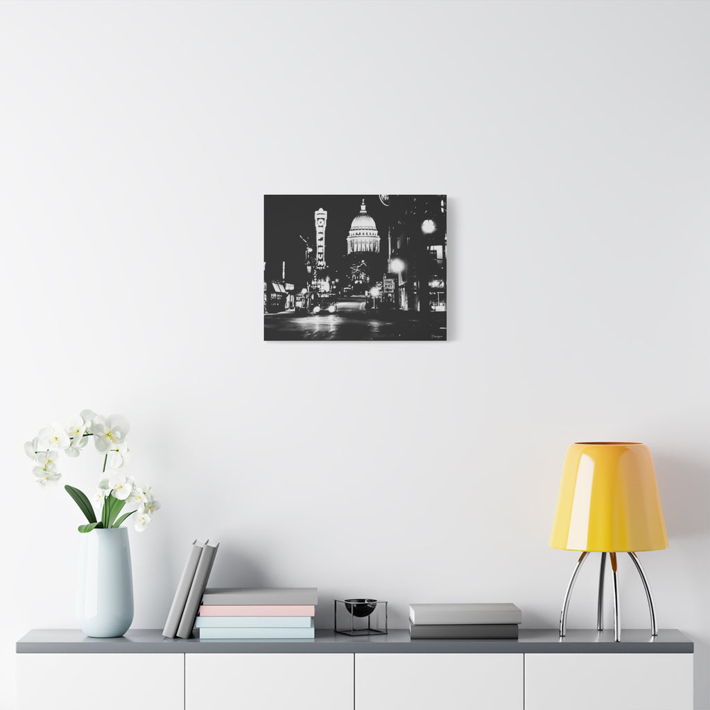 Black & White Cityscape Matte Canvas Print — Nighttime Street Scene- Madison, WI