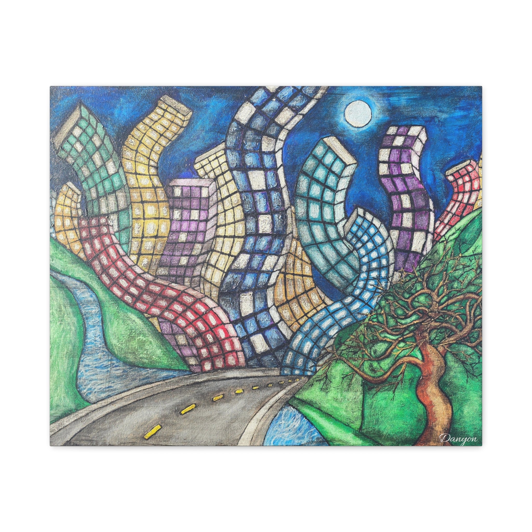 Surreal Cityscape Canvas Print — Wavy Skyline Road Art on Matte Stretched Canvas