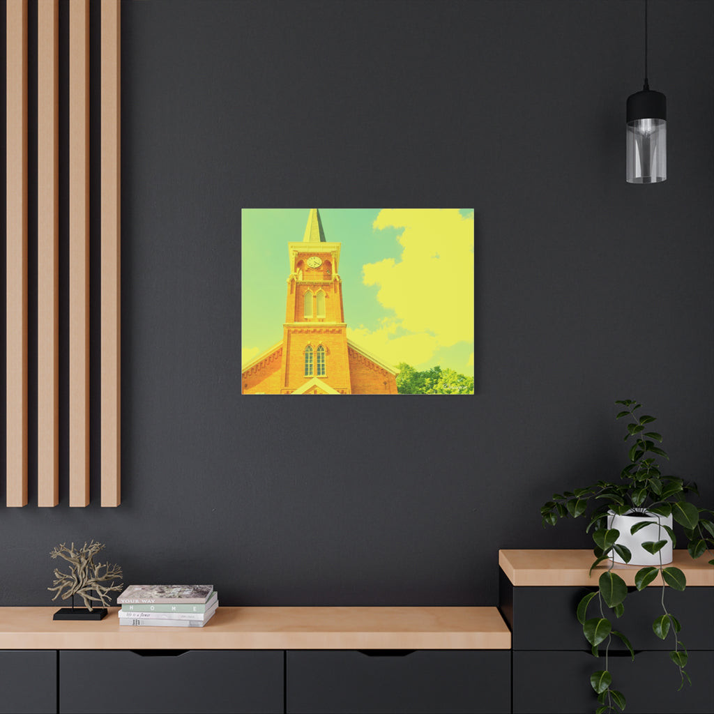Vintage Church Tower Matte Canvas Wall Art — Sunny Retro Architecture Print