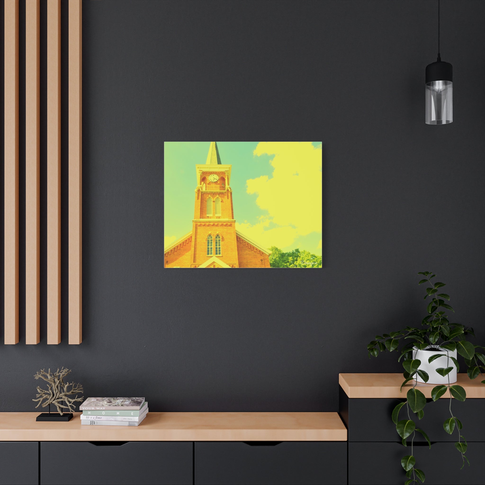 Vintage Church Tower Matte Canvas Wall Art — Sunny Retro Architecture Print