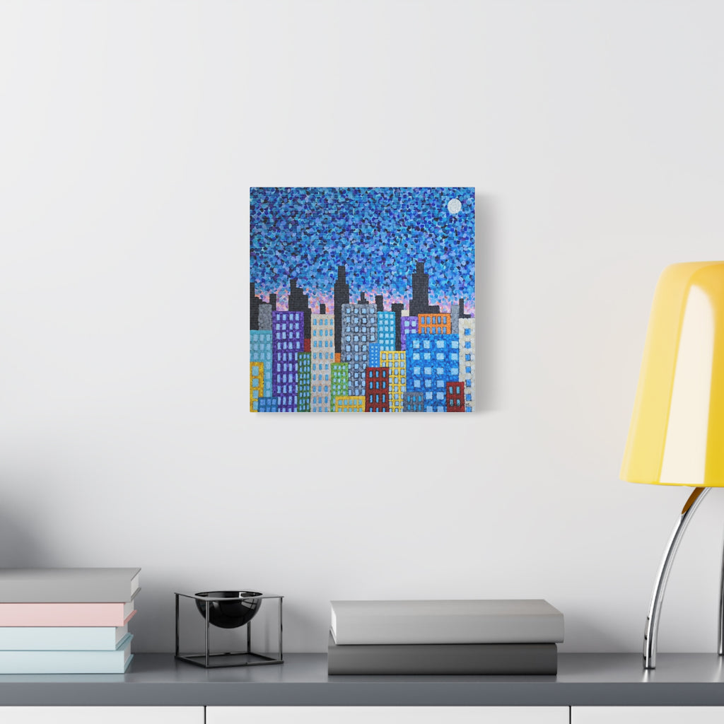Cityscape Canvas Art – Colorful Night Skyline Matte Stretched Canvas