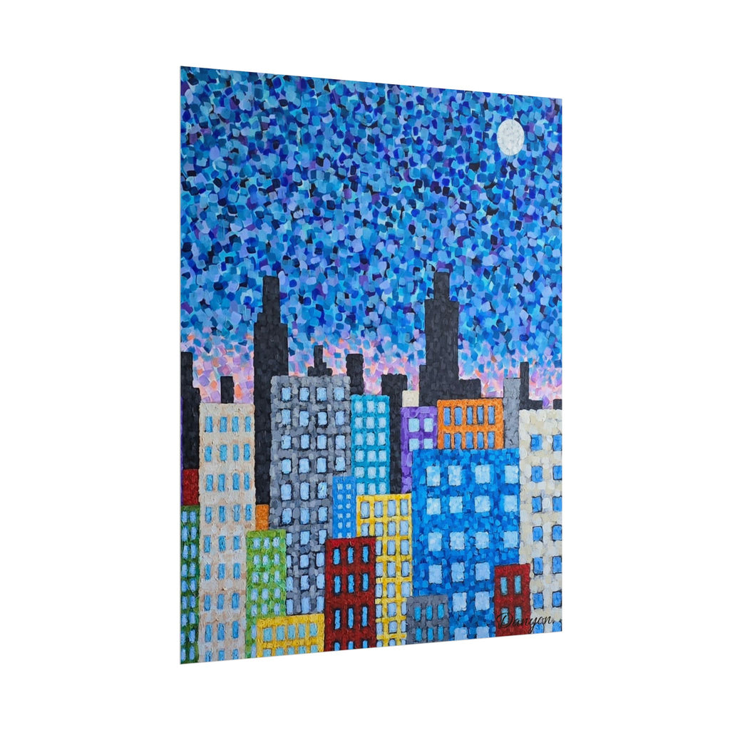 City Skyline Poster — Colorful Pointillist Nightscape Rolled Art Print