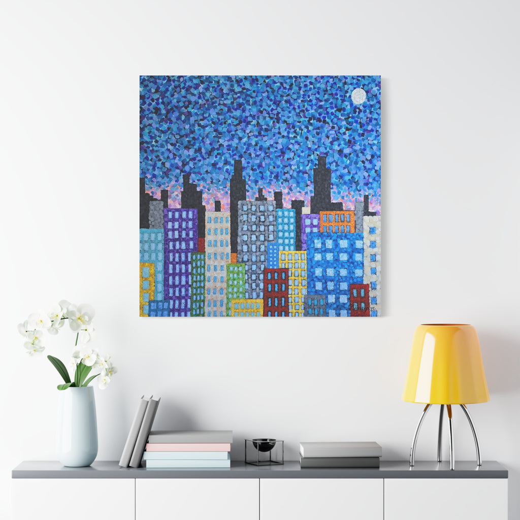 Cityscape Canvas Art – Colorful Night Skyline Matte Stretched Canvas