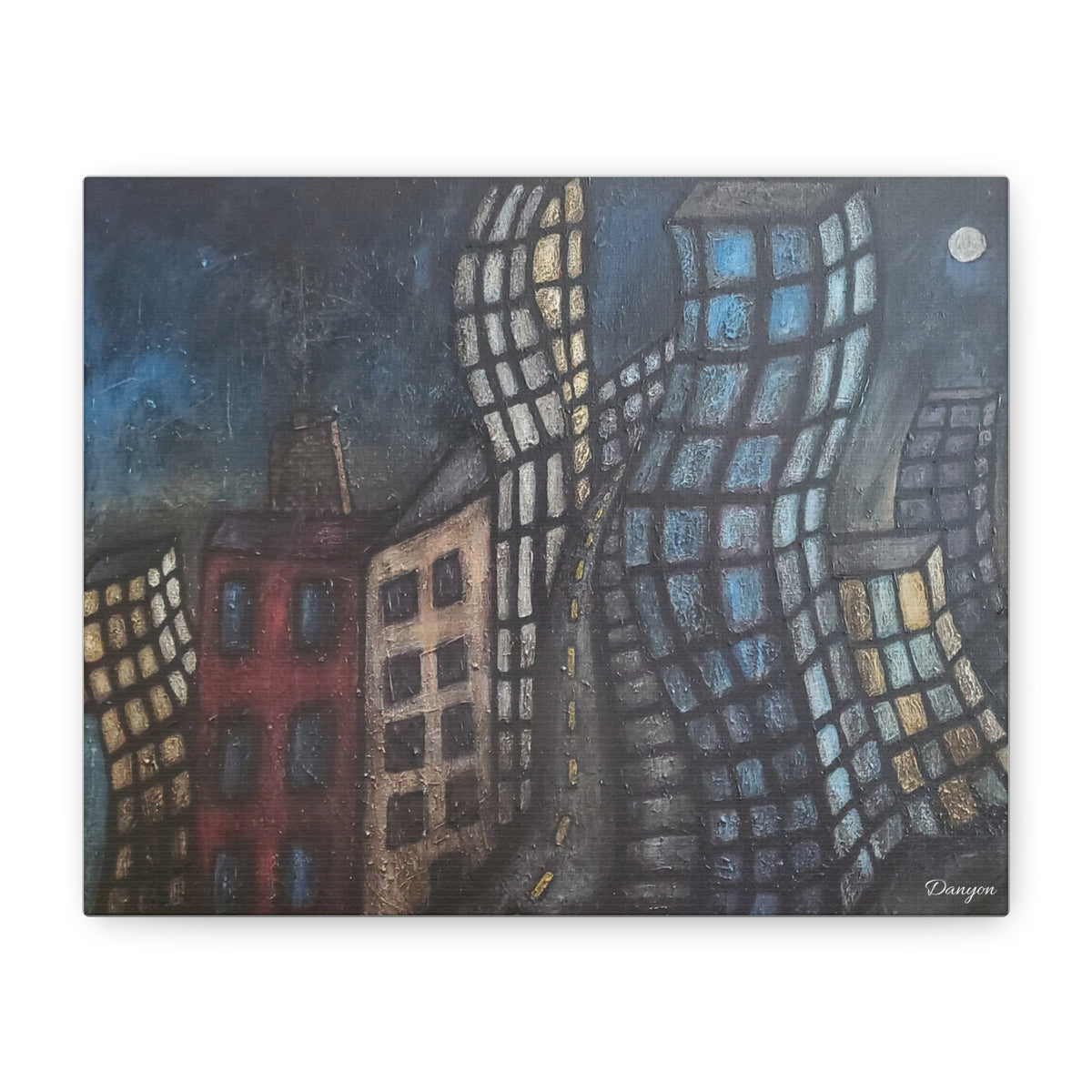 Surreal Cityscape Matte Canvas Print — Twisting Nighttime Buildings Wall Art