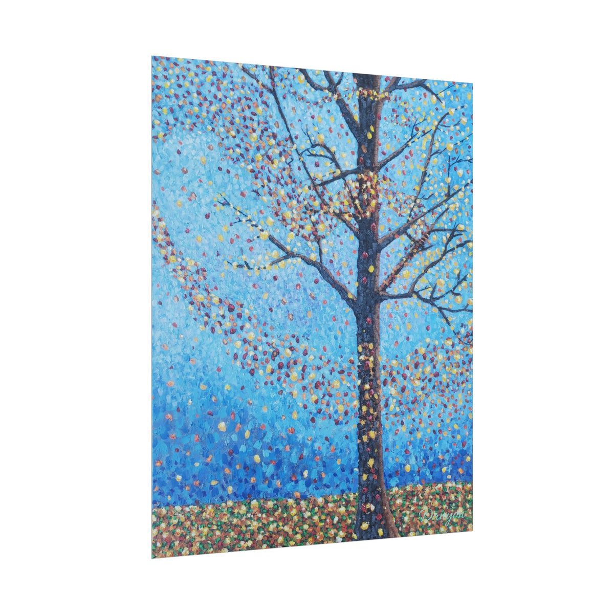 Blue Pointillist Tree Poster — Rolled Art Print