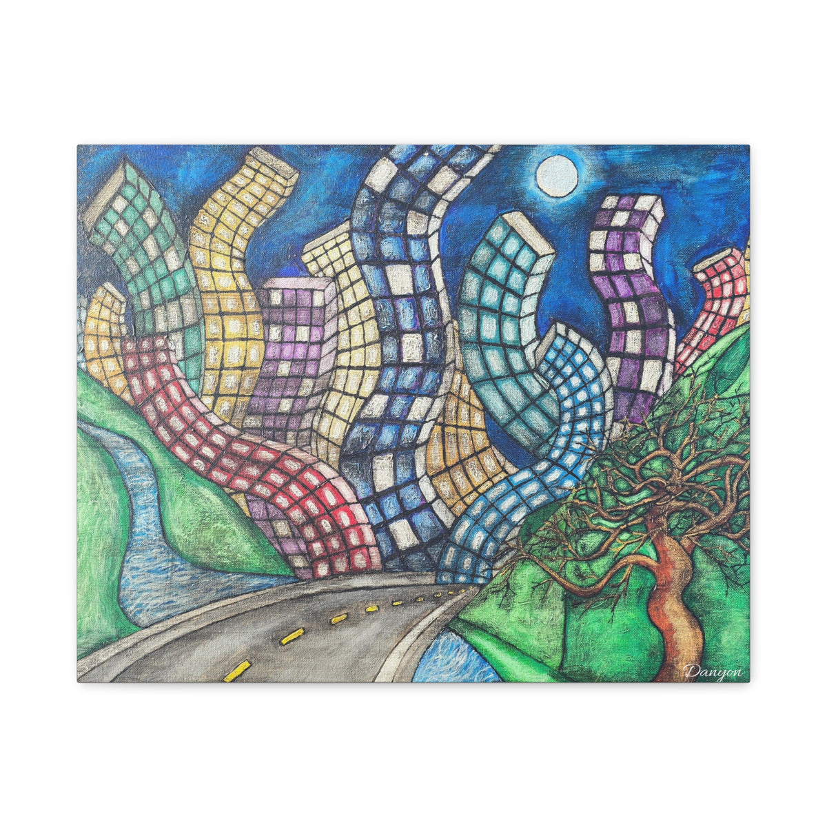 Surreal Cityscape Canvas Print — Wavy Skyline Road Art on Matte Stretched Canvas